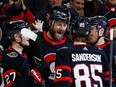 Senators winger Austin Watson (16) celebrates with teammates after scoring a short-handed goal against the Red Wings during the first period of a game on Feb. 28.