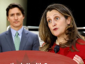 Finance Minister Chrystia Freeland, with Prime Minister Justin Trudeau in February. We have reached a time in our history when rearmament of the Canadian military is no longer optional.