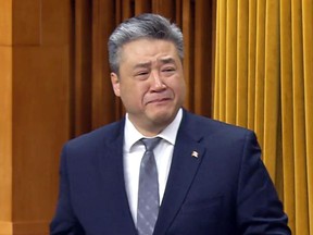 Han Dong announces his resignation from the Liberal caucus, in the House of Commons on March 22, 2023.
