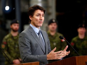 Prime Minister Justin Trudeau attends a joint news conference with European Commission President Ursula von der Leyen at CFB Kingston, Ontario, March 7, 2023.