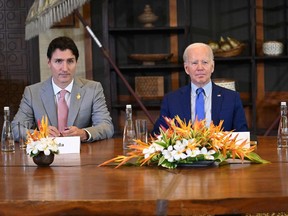 Prime Minister Justin Trudeau and U.S. President Joe Biden meet on the sidelines of the G20 leaders' summit in Indonesia in November, 2022.