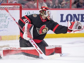Ottawa Senators goalie Mads Sogaard makes a save in the second period against the Florida Panthers at the Canadian Tire Centre on Monday night.