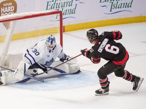 Ottawa Senators defenseman Jakob Chychrun attempts to score against Toronto Maple Leafs goalie Matt Murray in a shootout at the Canadian Tire Center.