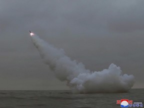 A general view as North Korea fired two missiles from a submarine striking an underwater target, according to state media, at an undisclosed location in North Korea, March 12, 2023.