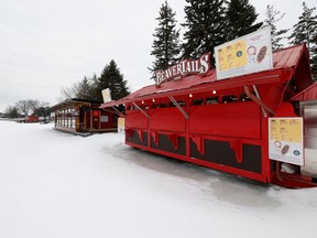 A closed BeaverTails kiosk stands on an empty Rideau Canal Skateway in late February.
