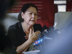 Grand Chief Cathy Merrick of the Assembly of Manitoba Chiefs at a news conference in Winnipeg on Friday, Feb. 10, 2023. The Manitoba government has signed an agreement to open access to death certificates of Indigenous children who died at residential schools.
