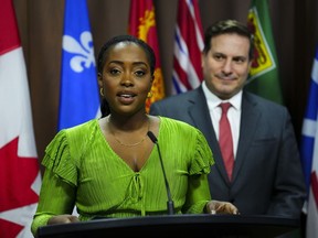 Arielle Kayabaga, Member of Parliament for London West and Minister of Public Safety Marco Mendicino make an announcement in Ottawa on Tuesday, March 21, 2023.
