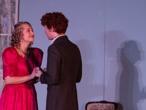 Gwendolen Fairfax played by Phoebe Stassen (L), and John “Jack” Worthing played by Joseph Carriere (R), during Redeemer Christian High School’s Cappies production of The Importance of Being Earnest, held on April 22, 2023.