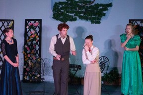 Lady Bracknell played by Caitlyn McPherson (L), John “Jack” Worthing played by Joseph Carriere (2nd FL), Miss Prism played by Shannon Jaspers-Fayer (2nd FR), and Gwendolen Fairfax played by Phoebe Stassen (R), during Redeemer Christian High School’s Cappies production of The Importance of Being Earnest, held on April 22, 2023.