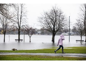 A pedestrian walks thorough flooded Britannia park on Saturday
ASHLEY FRASER/Postmedia