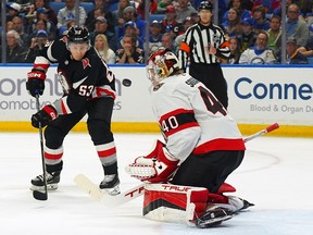 Mads Sogaard of the Ottawa Senators makes the save against Jeff Skinner of the Buffalo Sabres during the second period at KeyBank Center on April 13, 2023 in Buffalo, New York.