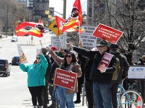 PSAC strikers on Elgin street in Ottawa, April 20, 2023. PSAC has released the full details of some of its tentative agreements reached with the Treasury Board of Canada Secretariat earlier this month.