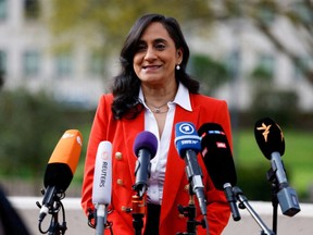 Canada's Minister of National Defence Anita Anand speaks to the media at Ramstein U.S. Air Base, Germany, April 21, 2023.