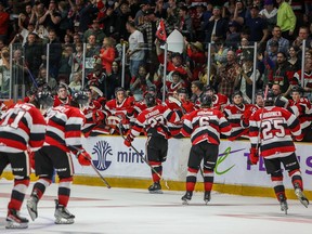 Ottawa 67's celebrate after Will Gerrior's goal against the Peterborough Petes on Saturday.