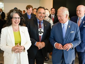 Valerie Galley-Bellegarde (left), Chief Perry Bellegarde and King Charles III (then the Prince of Wales) attended a reception held by the Royal Canadian Geographical Society in May, 2022.