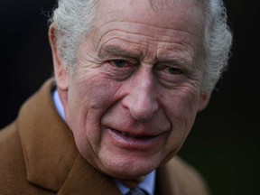 King Charles III is photographed leaving the Royal Family's traditional Christmas Day service at St. Mary Magdalene Church in Sandringham, Norfolk, on Dec. 25, 2022.