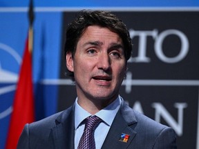 Prime Minister Justin Trudeau speaks at a news conference at the NATO summit at the Ifema congress centre in Madrid, on June 30, 2022.