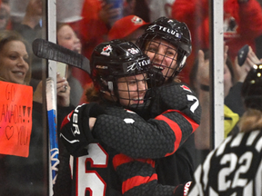 Canada forward Laura Stacy celebrates with forward Emily Clark (26) after scoring against the USA in the third period at CAA Center.