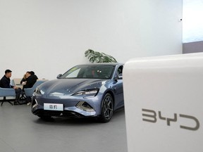 A BYD Seal electric vehicle (EV) is displayed at a car dealership in Shanghai, China, Feb. 3, 2023.