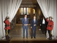 Prime Minister Justin Trudeau, left, and German Chancellor Olaf Scholz arrive for a dinner in Toronto on Monday, August 22, 2022. A new report suggests Canada should be doing more to make its abundant natural gas riches a key component of the world's effort to move to a lower-carbon future.