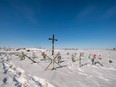 A memorial on the roadside where the deadly Humboldt Broncos bus crash took place is shown on Highway 35 near Armley, Sask., on Saturday, March 18, 2023. The city of Humboldt, Sask., along with members of the Broncos families, have organized a tribute service for people who wish to pay their respects for those who died in the crash five years ago.