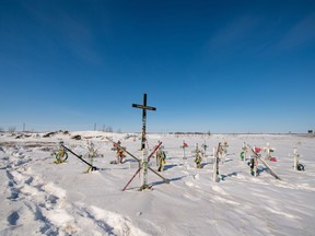 A memorial on the roadside where the deadly Humboldt Broncos bus crash took place is shown on Highway 35 near Armley, Sask., on Saturday, March 18, 2023. The city of Humboldt, Sask., along with members of the Broncos families, have organized a tribute service for people who wish to pay their respects for those who died in the crash five years ago.