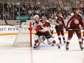 Brad Gardiner (25) of the Ottawa 67's during a game against the Peterborough Petes at the Peterborough Memorial Centre on April 24, 2023.