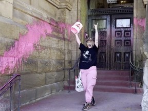 Climate activists at PM’s offices in Langevin block. Ever the topless activist goes to Ottawa to paint the town pink and demand Climate Action Now!