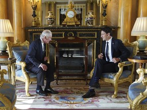 Britain's King Charles III sits with Prime Minister of Canada Justin Trudeau, as he receives prime ministers in the 1844 Room at Buckingham Palace in London, Saturday, Sept. 17, 2022. Trudeau is expected to attend the King's coronation in London next week alongside dignitaries from around the world.THE CANADIAN PRESS/AP-Stefan Rousseau/Pool via AP