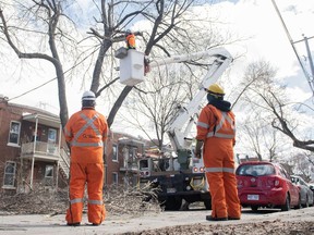 A Hydro-Quebec crew works on a power line following an ice storm in Montreal on Friday, April 7, 2023.