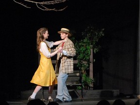 Christina Mundy played by Mycah Olson (L), Gerry Evans played by Ethan White (2nd FL), Maggie Mundy played by Madison Sonnenburg (2nd FR), and Agnes Mundy played by Maggie Boughner (R), during Almonte and District High School’s Cappies production of Dancing at Lughnasa, held on April 23, 2023.