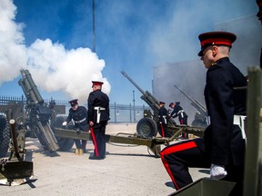 OTTAWA: The 30th Field Regiment, Royal Canadian Artillery fired a 21-gun salute on Parliament Hill for the King's coronation, Saturday, May 6, 2023. 

ASHLEY FRASER/Postmedia