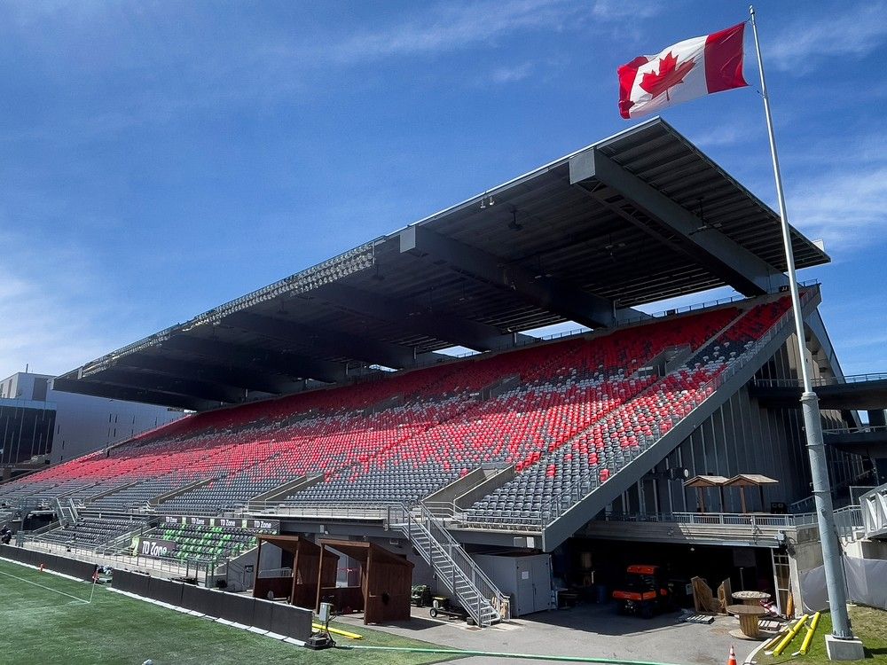 View of the north-side stands of TD Place with the Civic Centre underneath at Lansdowne Park.