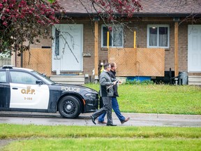OPP investigators at the scene of a fatal shooting on Vimy Boulevard South in Renfrew on Saturday, May 20, 2023.