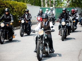 The riders in Sunday’s Distinguished Gentleman’s set off from MotoMike Canada en route to Beyond the Pale Brewing.