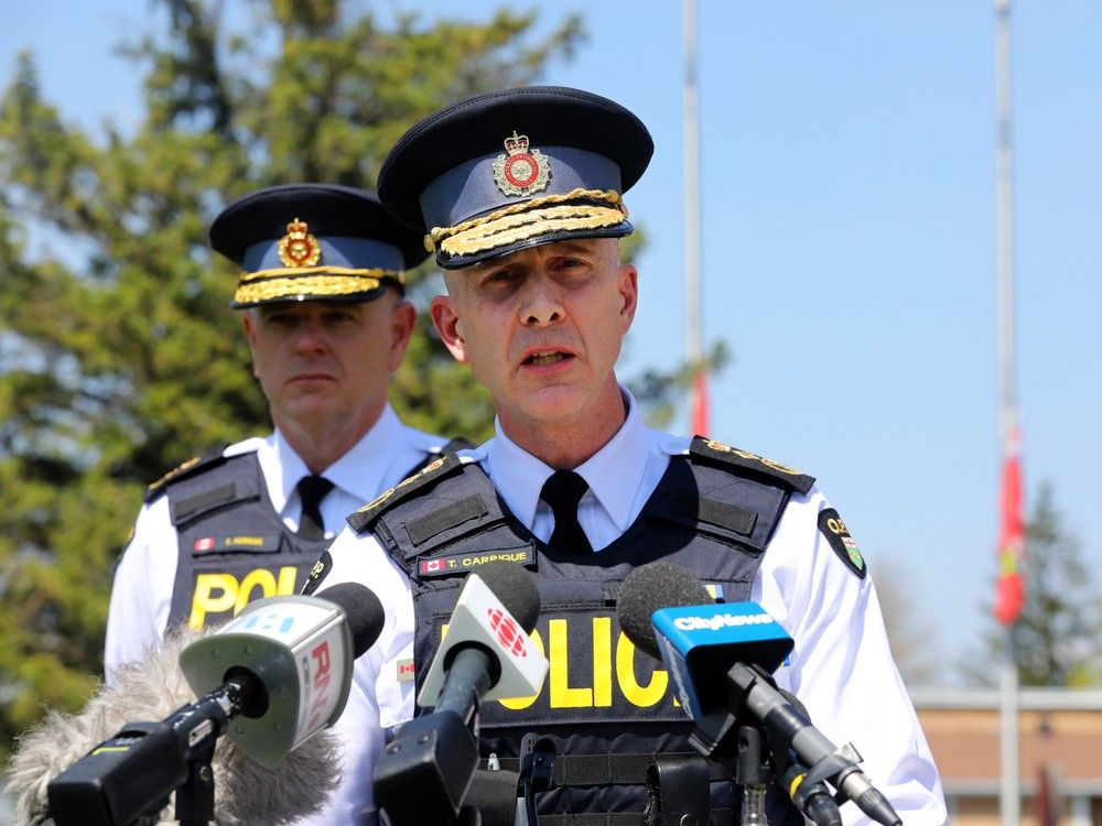 The Ontario Provincial Police Commissioner Thomas Carrique provides an update on the murder of Sergeant Eric Mueller, May 11, 2023.