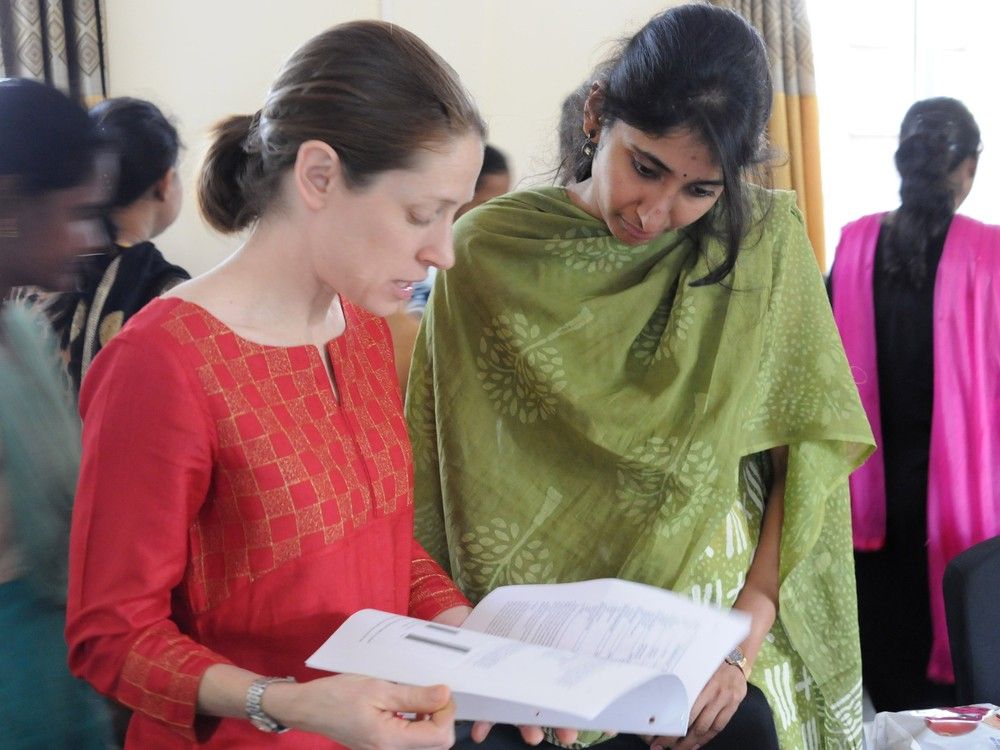 Dr. Megan Doherty (L) and palliative care consultant Dr. Spandana Rayala following a palliative care workshop at the Hyderabad Centre for Palliative Care in Hyderabad, India.