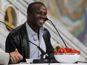 Former sprinter Canada's Donovan Bailey gives a press conference at the City Hall in Oslo, on June 8, 2011, one day before the Bislett Games.