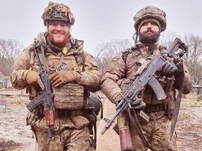 Canadian volunteers Cole Zelenco of St. Catharines, Ont. (R) and Calgary native Kyle Porter, were killed by a Russian artillery strike at Bakhmut, Ukraine on April 26. Porter's body was recovered by comrades on Tuesday. Photo modified by Ukraine International Legion