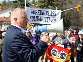 Marc Brière, president of the Union of Taxation Employees, at a PSAC rally in Sudbury, Ont., on April 28, 2023.