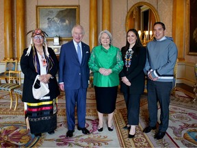 Gov-Gen. Mary Simon, centre, meets with King Charles and Indigenous leaders at Buckingham Palace May 4.