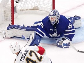 Florida Panthers Gustav Forsling scores on Toronto Maple Leafs goaltender Ilya Samsonov during second period NHL second round Stanley Cup playoff hockey action in Toronto on Thursday May 4, 2023.