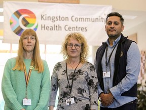 Kate Archibald-Cross, from left, Wendy Vuyk and Roger Romero, three of the Kingston Speaks Inclusion report team members, at Kingston Community Health Centres.