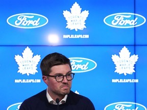 Toronto Maple Leafs general manager Kyle Dubas speaks to media during an end-of-season availability in Toronto, on Monday, May 15, 2023.
