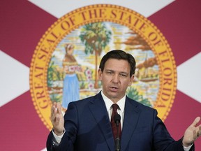 FILE - Florida Gov. Ron DeSantis speaks during a news conference to sign several bills related to public education and increases in teacher pay, in Miami, on May 9, 2023.