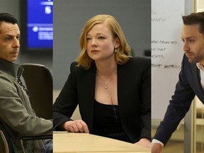 This combination of three separate photos shows Jeremy Strong as Kendall Roy, left, Sarah Snook as Shiv Roy, center, and Kieran Culkin as Roman Roy, from the HBO series "Succession." (HBO via AP)