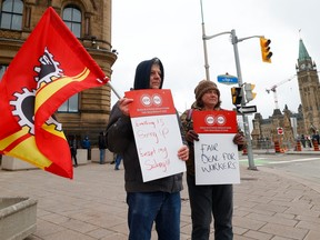 April 19, 2023: Public service workers protest outside the Prime Minister's Office across from Parliament Hill. PSAC has since reached a tentative contract deal with the federal government.