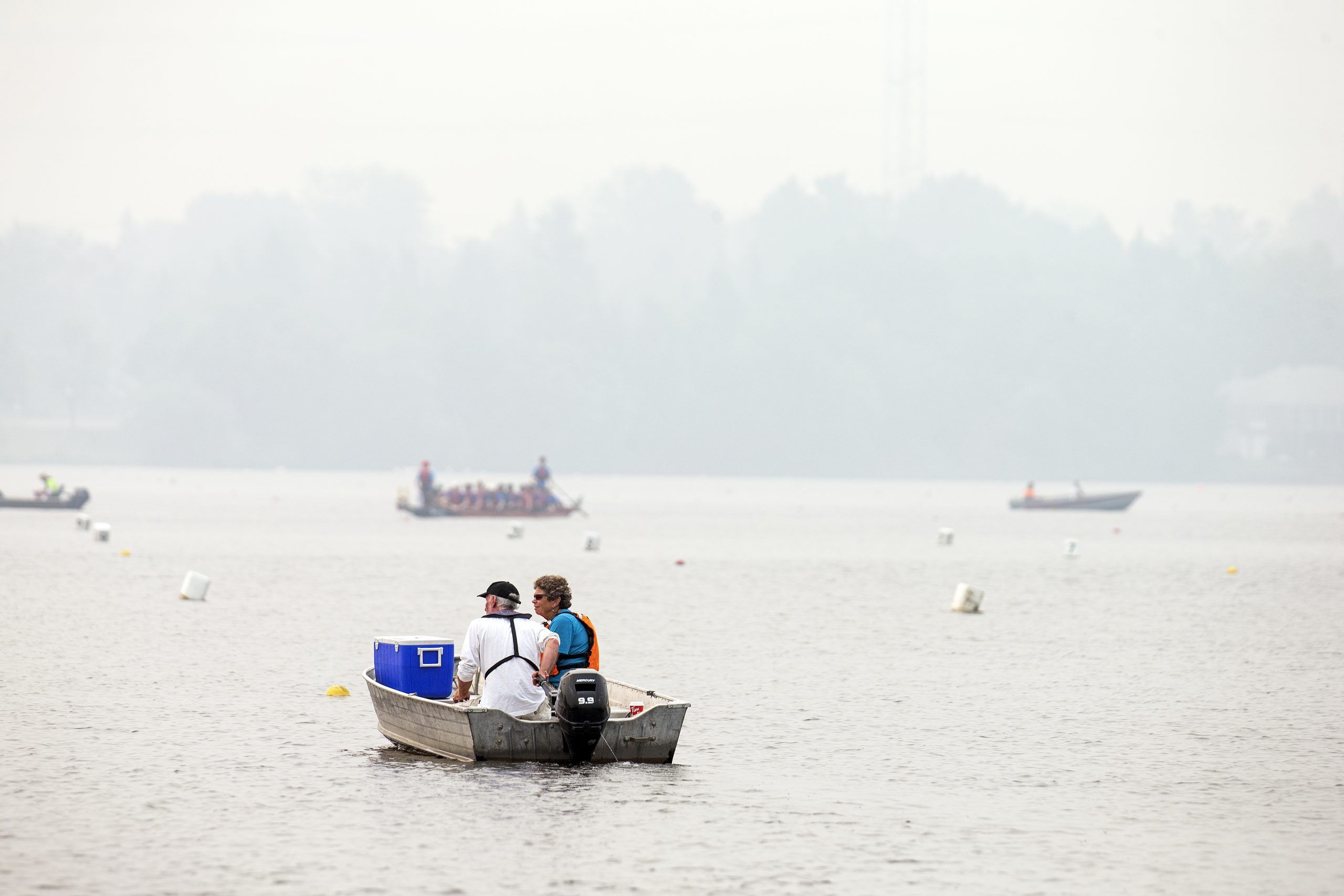 Safety boats were out on the river
