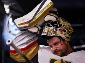Adin Hill of the Vegas Golden Knights before playing against the Dallas Stars in Game Six of the Western Conference Final of the 2023 Stanley Cup Playoffs at American Airlines Center on May 29, 2023 in Dallas, Texas.