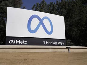 Facebook's Meta logo on a sign at the company headquarters in Menlo Park, Calif.